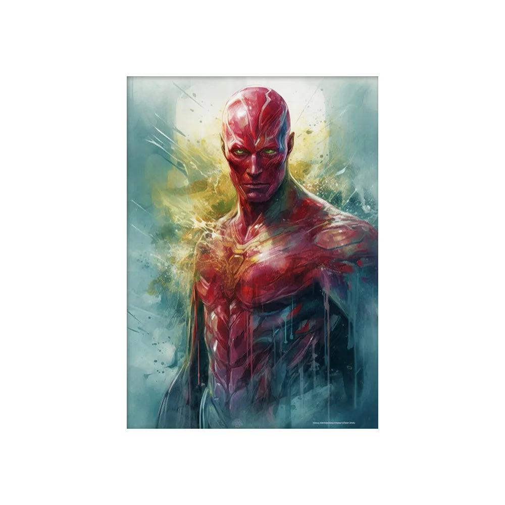 Decorbites marvel canvas wall art print featuring a vibrant red and gold vision in a dynamic painterly style with glowing effects