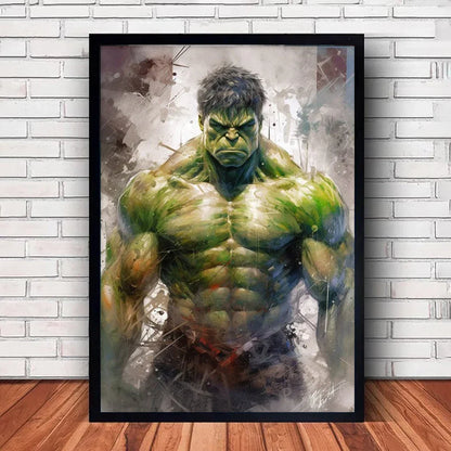 Black-framed marvel canvas wall art featuring a muscular green hulk with detailed musculature and watercolor splatter effects