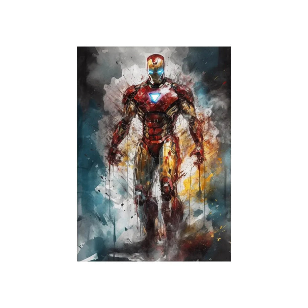 DecorBites marvel canvas wall art featuring a red and gold iron man suit with a glowing blue arc reactor