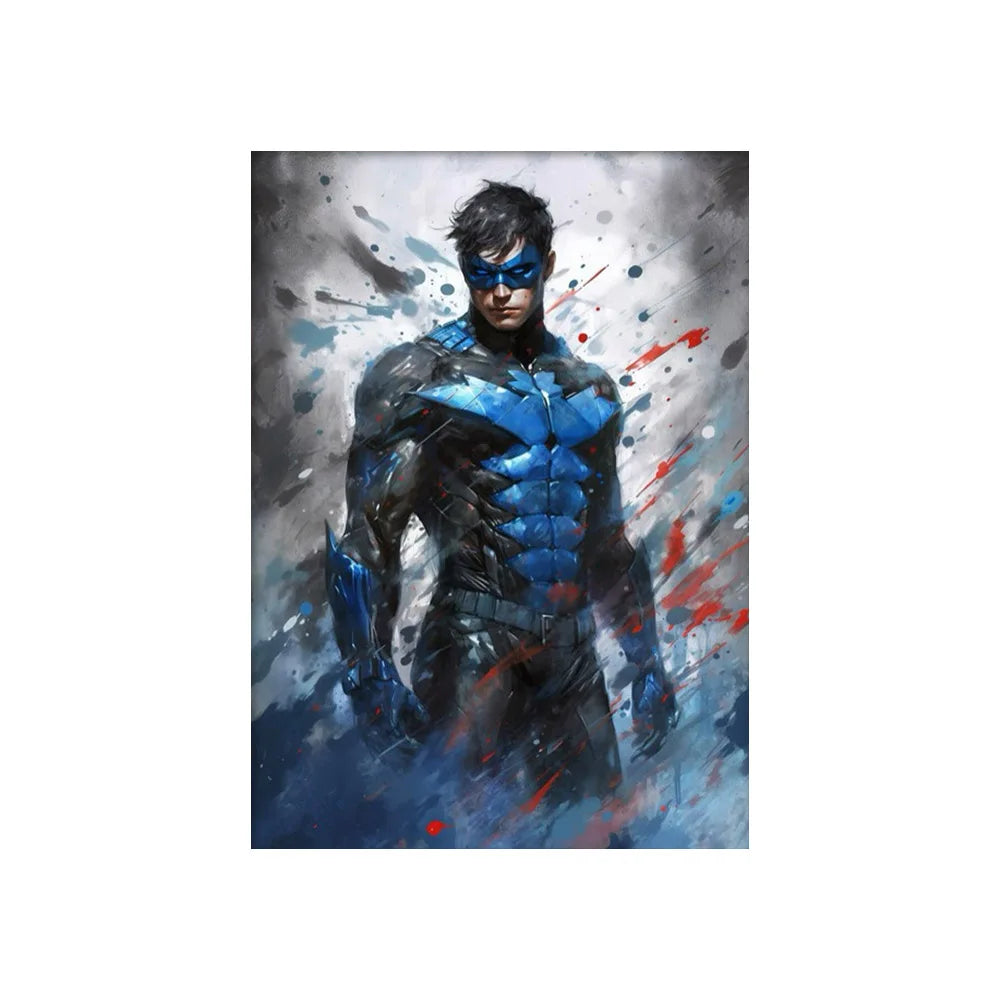 Decorbites™ marvel canvas wall art print featuring a blue and black armored superhero costume with bat emblem