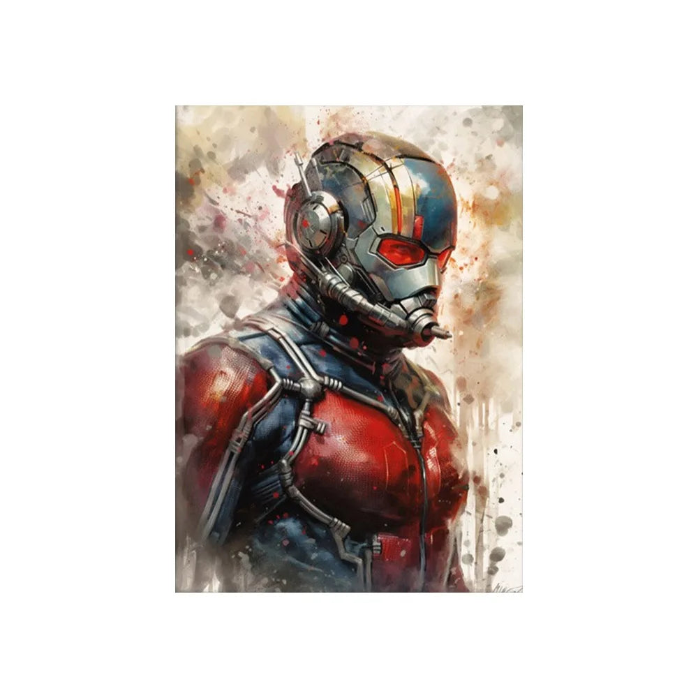 Decorbites™ marvel canvas wall art print featuring ant-man in red and blue suit with metallic helmet and glowing red eyes