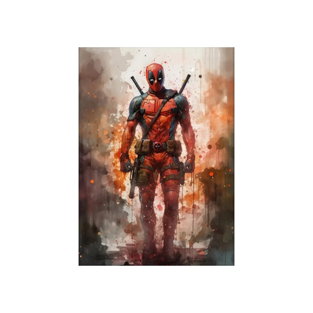 Decorbites marvel canvas wall art print featuring red and black deadpool with a dynamic splattered paint background