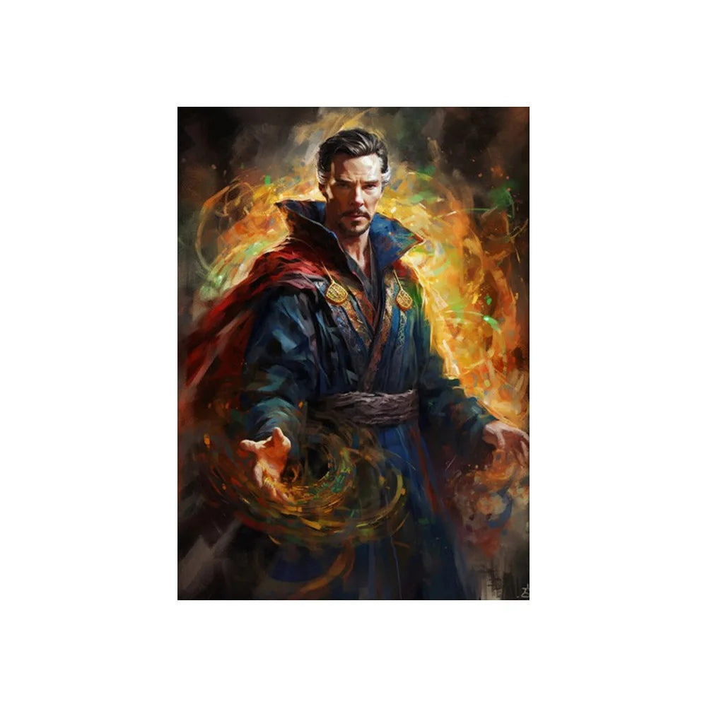 Dramatic oil painting of doctor strange in dark blue robe with red cape on marvel canvas wall art print by decorbites