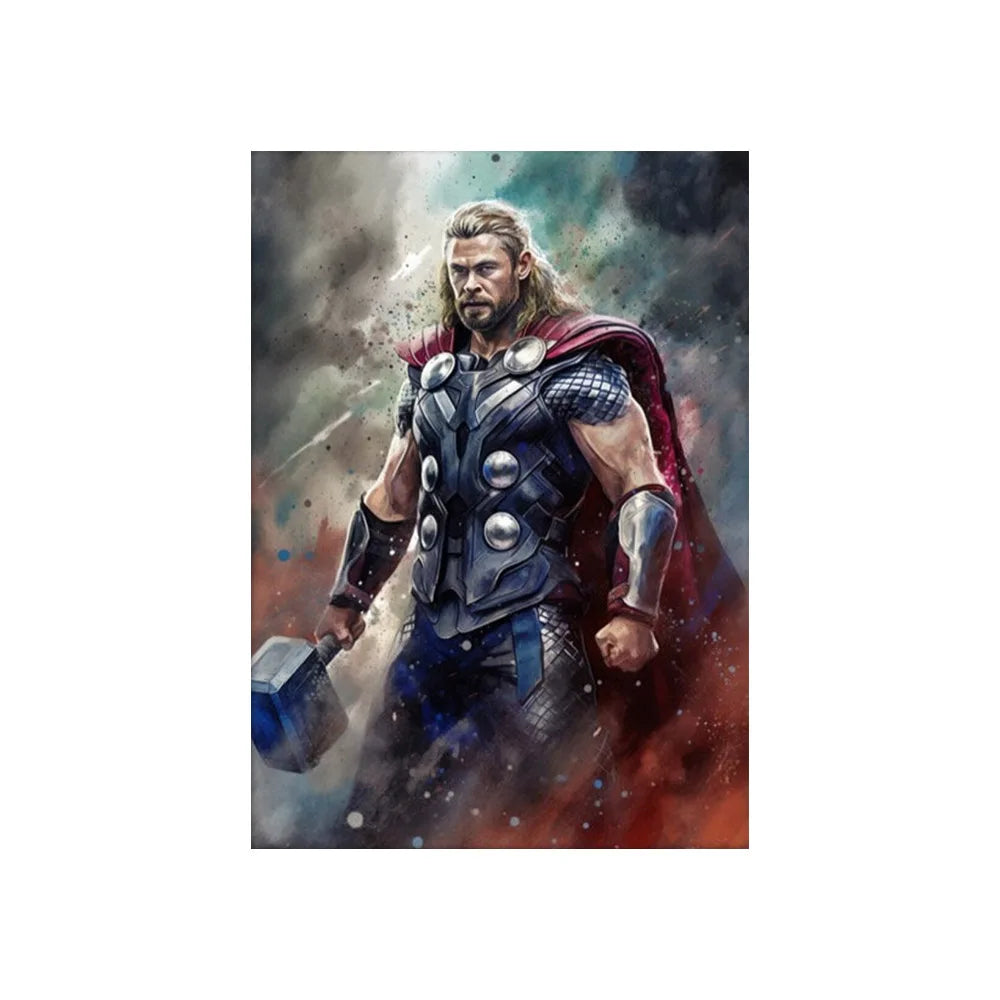 Decorbites™ marvel canvas wall art print featuring thor action figure in detailed black silver armor with red cape and hammer