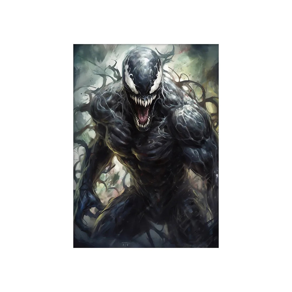 Decorbites™ marvel canvas wall art print featuring a menacing black and white venom symbiote figure with glowing eyes