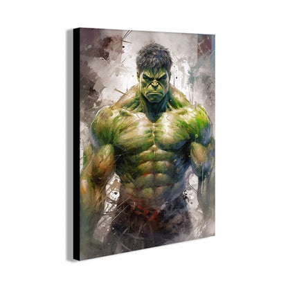 Decorbites marvel canvas wall art print featuring green muscular hulk in dynamic pose with abstract watercolor background