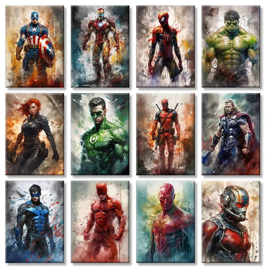 Decorbites™ marvel canvas wall art featuring twelve vibrant superhero prints with bold colors and textured brushwork