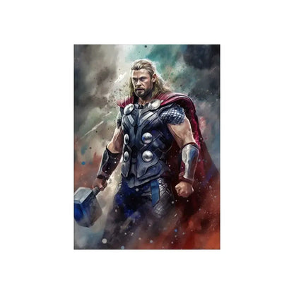 Decorbites™ marvel canvas wall art print featuring thor action figure in detailed black silver armor with red cape and hammer