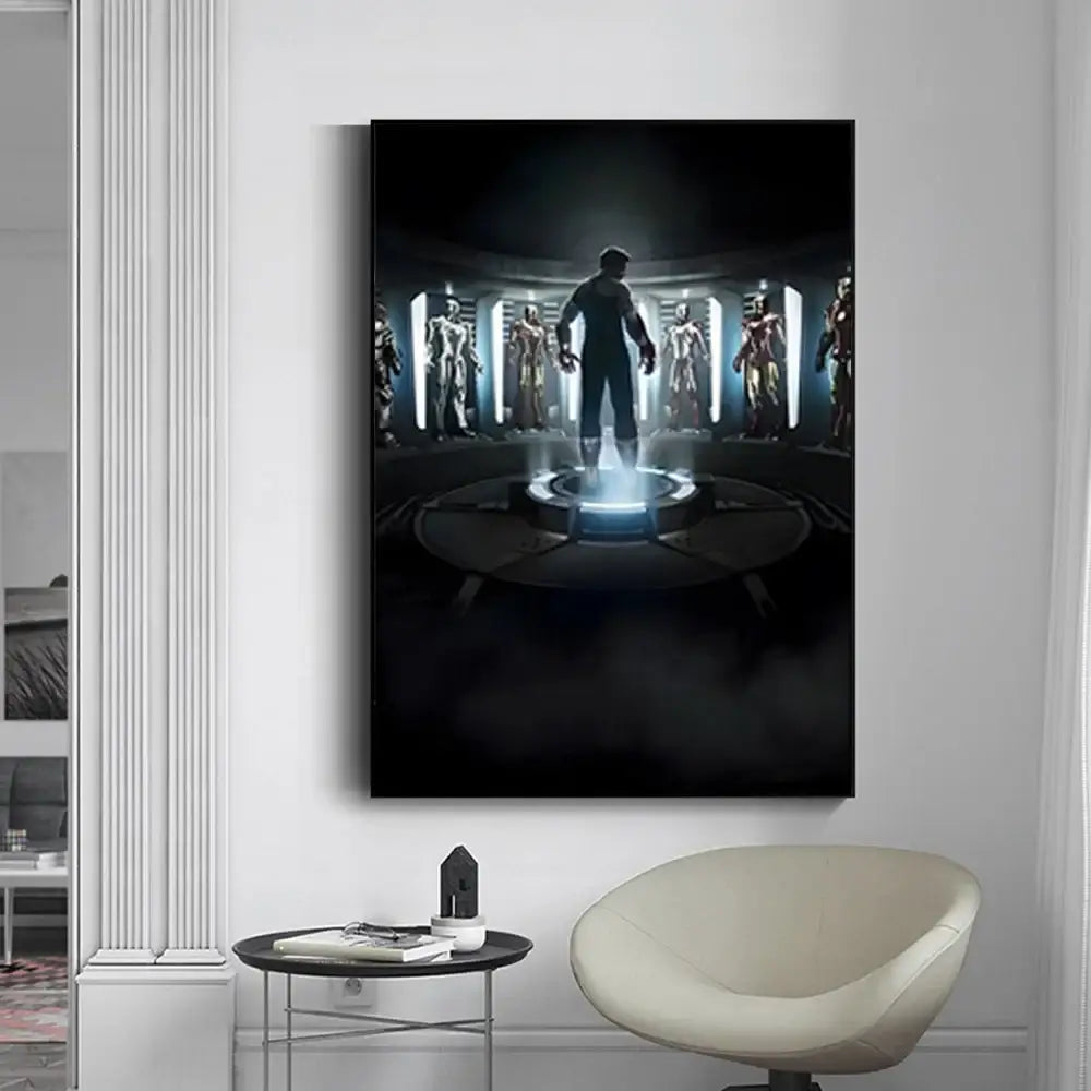 DecorBites™ marvel iron man home decor black framed canvas print featuring tony stark silhouette and iron man suits