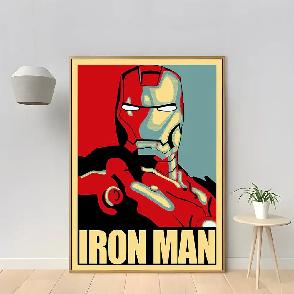 A framed DecorBites™ Marvel Iron Man home decor poster canvas with bold red and teal design featuring Iron Man