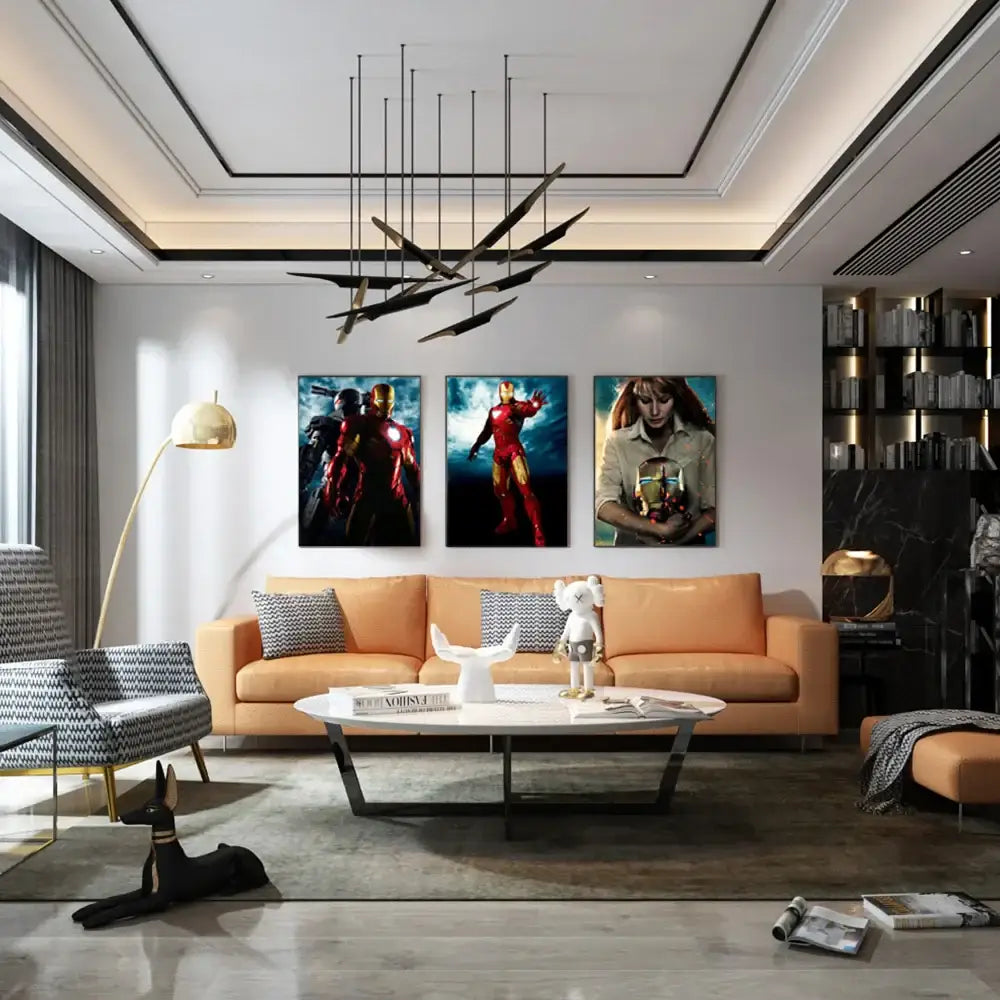 Orange sectional sofa with black and white throw pillows next to marvel iron man home decor poster canvas by DecorBites