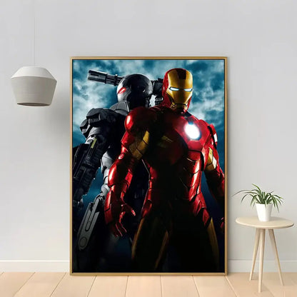 Red and gold iron man canvas print in a thin wooden frame perfect for marvel iron man home decor by decorbites