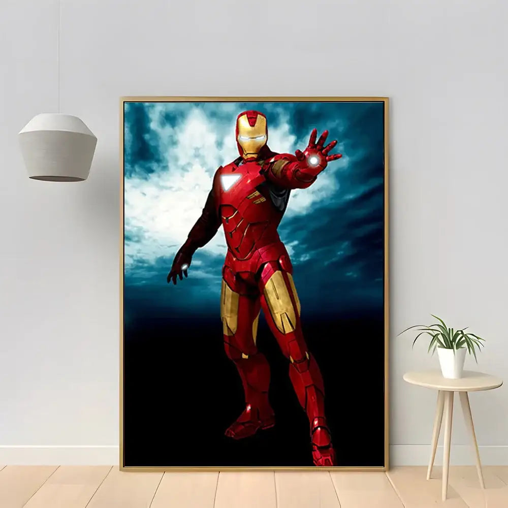 Red and gold marvel iron man mural canvas in sleek wooden frame for stylish iron man home decor by DecorBites