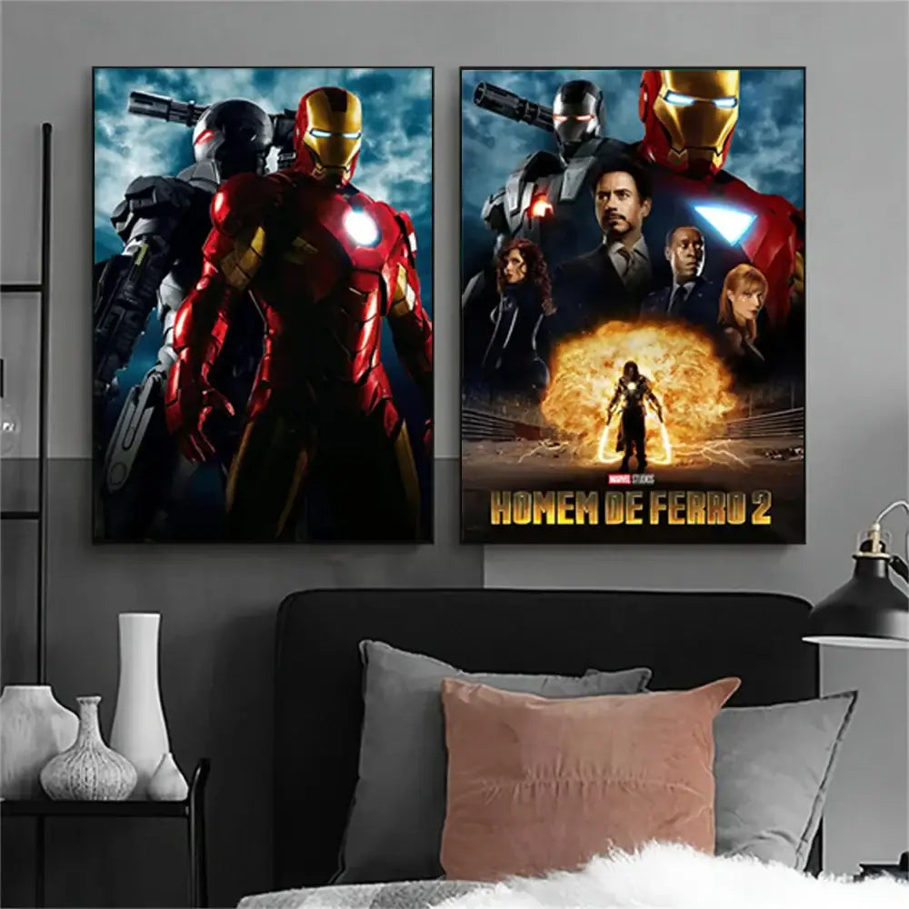 Two framed marvel iron man movie posters featuring red gold suits and explosion scenes for iron man home decor