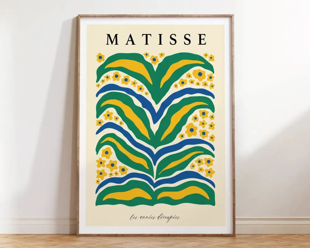 A framed decorbites™ matisse botanical flower poster featuring bold green yellow and blue abstract floral patterns
