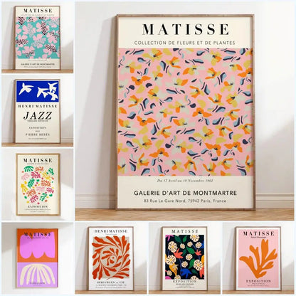 A framed DecorBites™ matisse floral art poster with vibrant pink background and orange yellow navy blue patterns