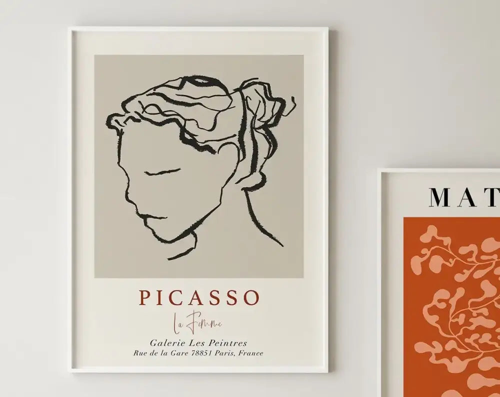 Decorbites™ matisse floral art poster with minimalist black line woman profile and botanical cut outs in white frame