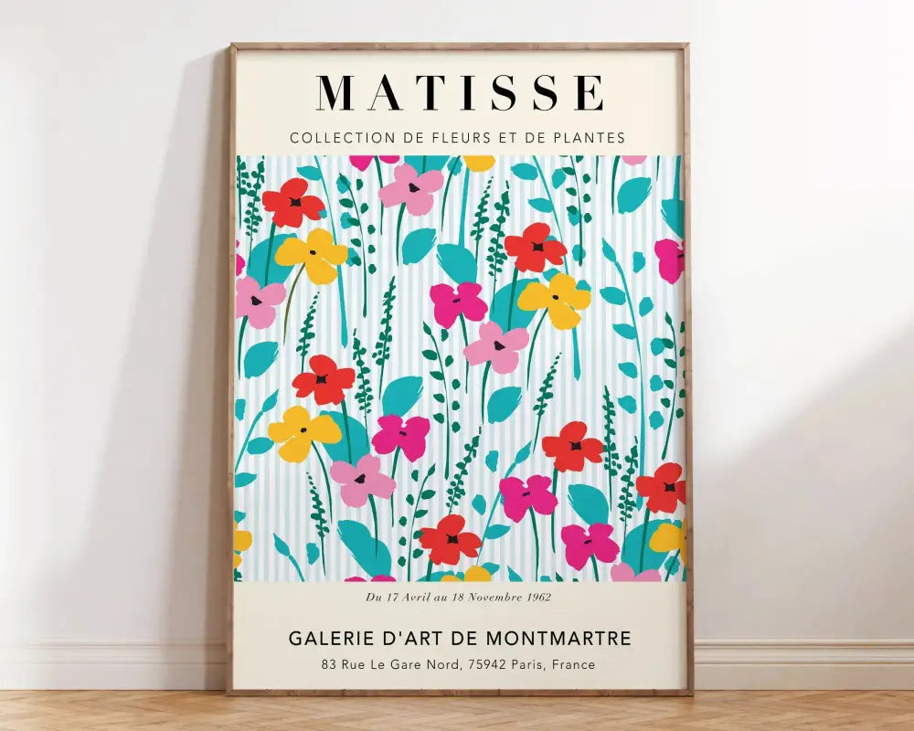 Decorbites™ matisse floral art poster featuring bold red pink yellow teal abstract flowers in light wood frame