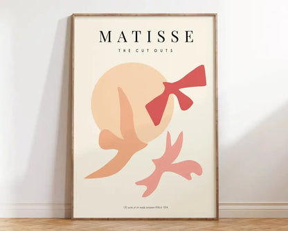 Beige-framed decorbites matisse floral art print featuring bold red and peach abstract cutouts in matisse floral art style