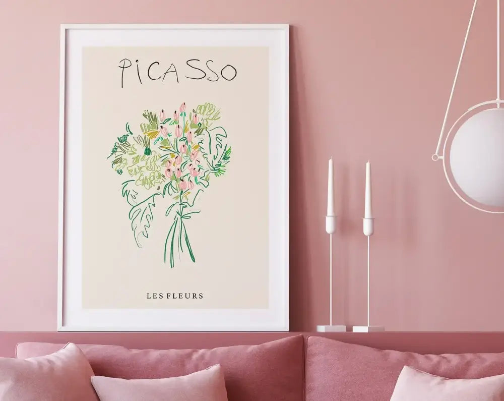 A framed decorbites™ matisse floral art print featuring a stylized bouquet in pink, green, and yellow hues on off-white