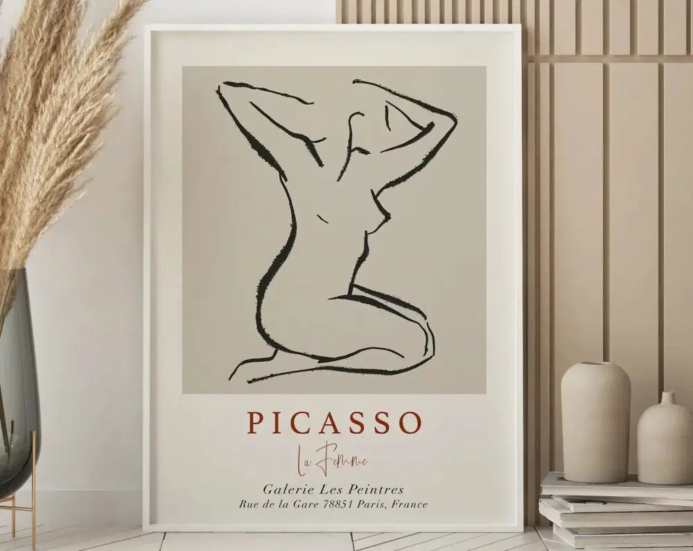 Minimalist decorbites™ matisse floral art print featuring a black line nude figure on beige background with gallery details
