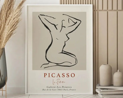 Decorbites™ matisse floral art print featuring a minimalist black line nude figure on beige background with gallery details
