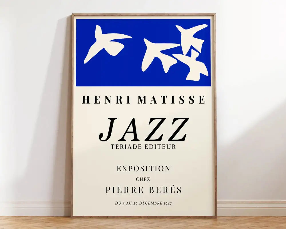 Decorbites™ matisse floral art print with blue and cream botanical cut frame featuring exhibition paintings style bird silhouettes