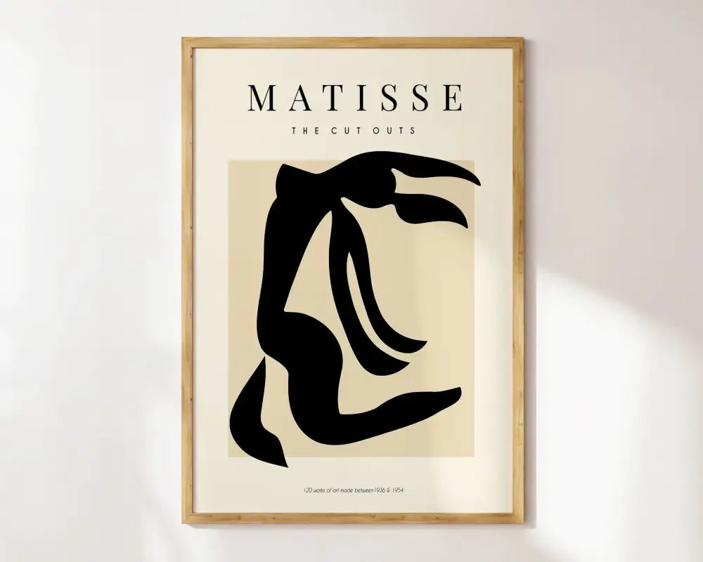 Minimalist framed decorbites matisse floral art print featuring black female silhouette on off-white background with text the cut outs