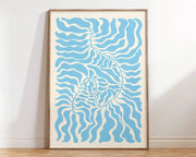 A framed decorbites™ matisse floral art print featuring flowing wavy blue abstract flowers on a cream background