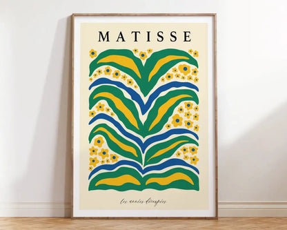 A framed matisse floral art print with bold green yellow and blue abstract flowers from DecorBites collection