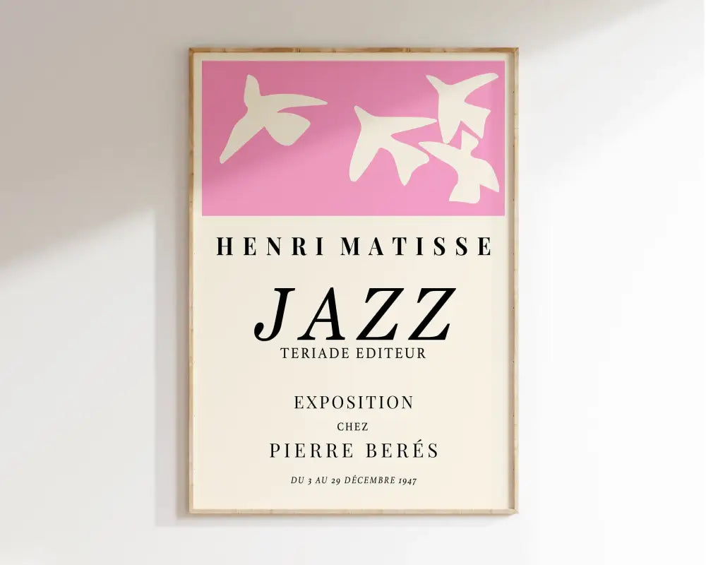 A framed decorbites™ matisse floral art print with pink abstract flowers and black text on off-white background