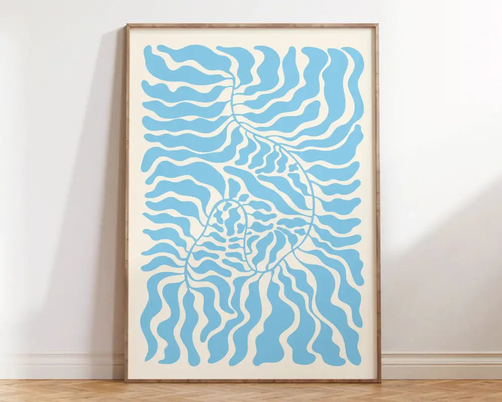 A framed decorbites™ matisse floral art print with flowing blue patterns on cream for flower market decor