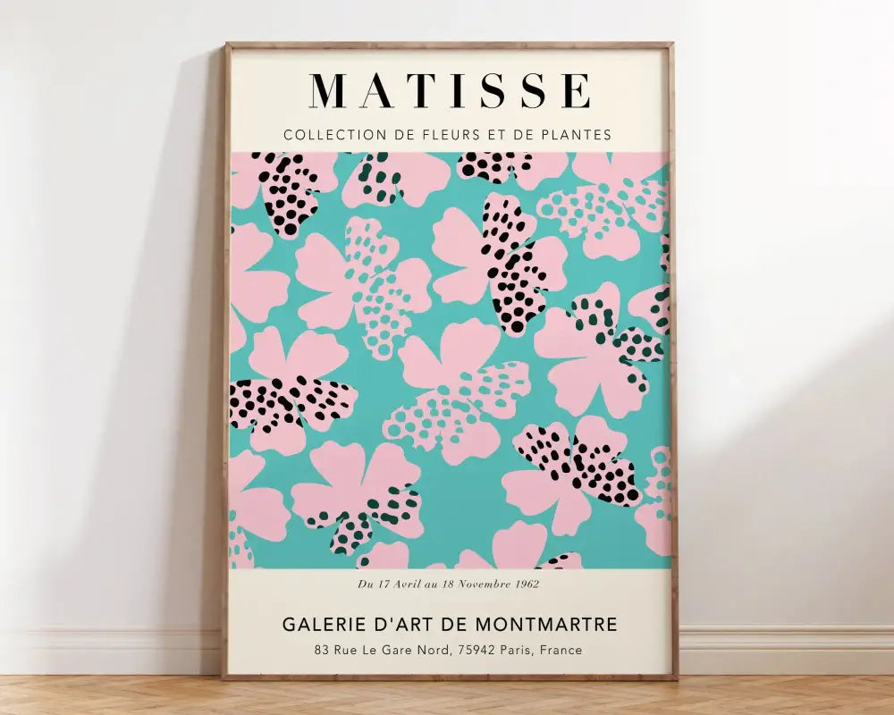 A framed DecorBites™ Matisse floral art poster with vibrant turquoise and pink flowers for flower market decor