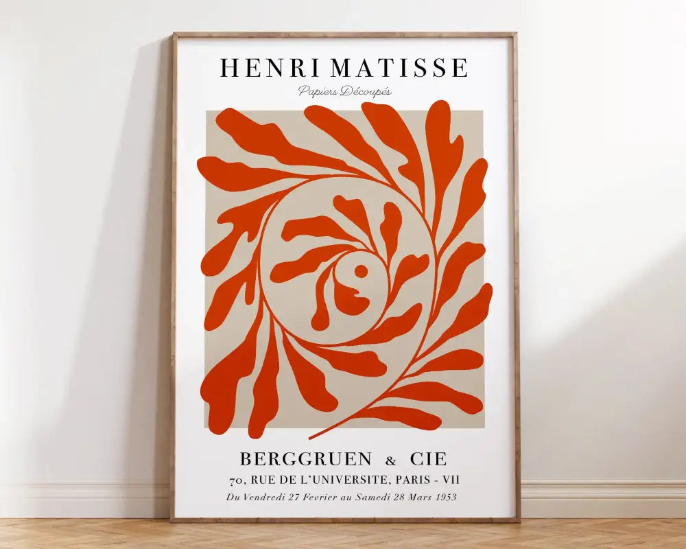 A framed decorbites™ matisse floral art print with a bold orange leafy spiral design for flower market decor