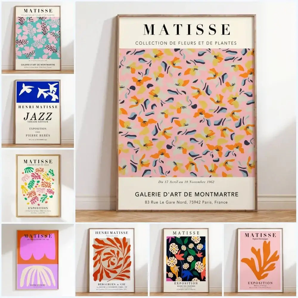 A framed DecorBites™ matisse floral art print with vibrant pink and bold orange flower market design