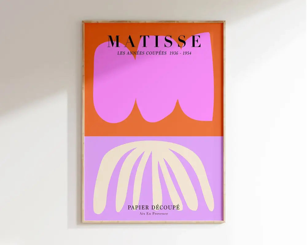 A framed decorbites™ matisse floral poster featuring bold abstract flowers matisse in vibrant orange and lavender hues