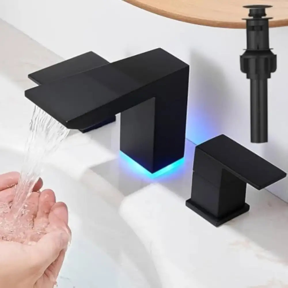 DecorBites™ matte black bathroom faucet with blue LED lighting and waterfall design for modern sink faucet use