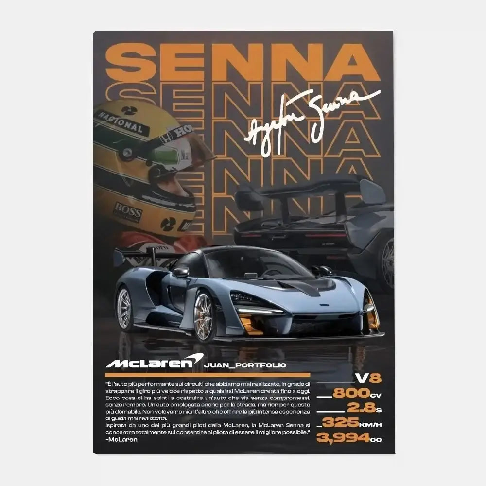 Blue mclaren senna sports car gtr luxury poster with signature and specs for sophisticated living room decor by decorbites