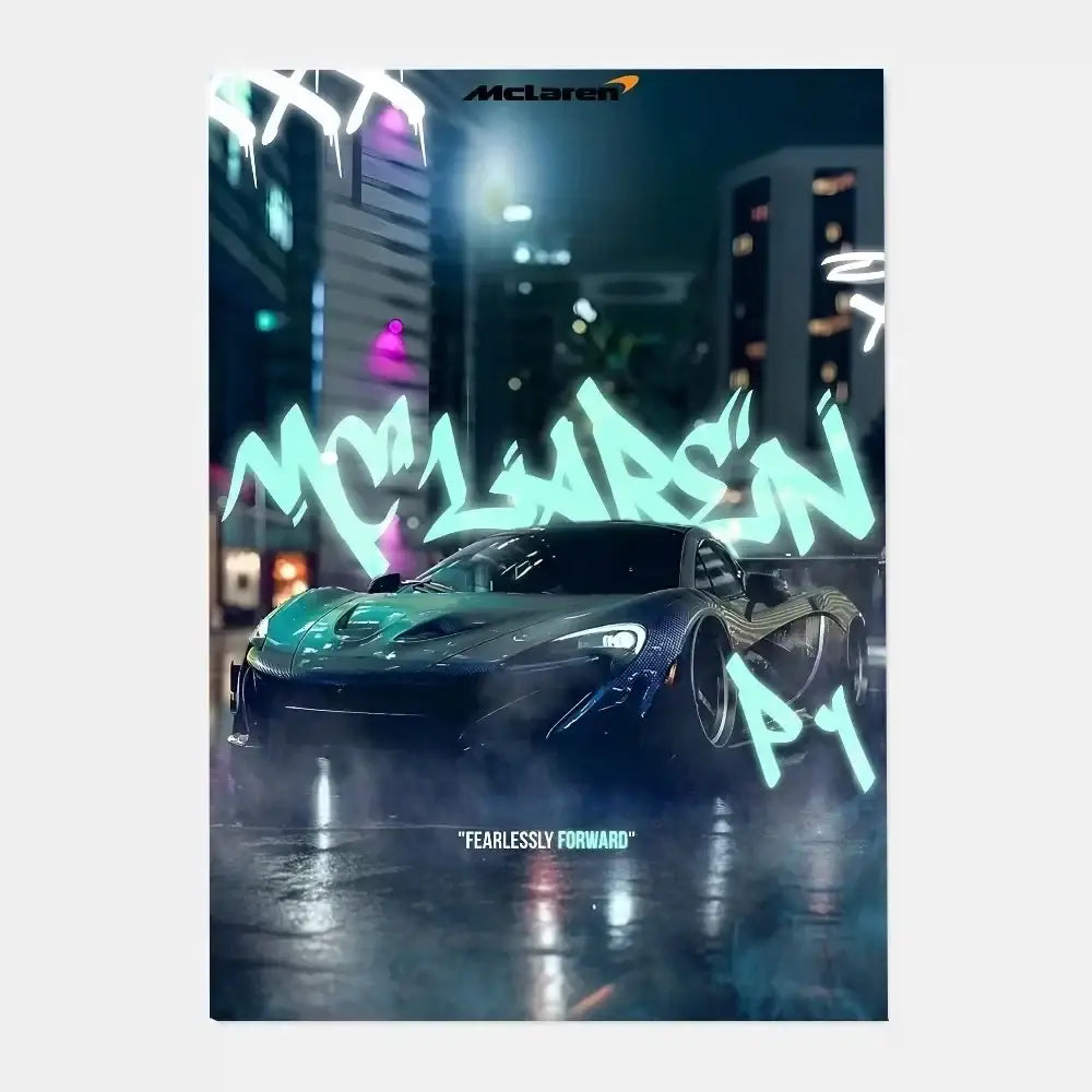 Glossy dark blue mclaren p1 gtr luxury poster with teal and gold accents in a neon-lit urban living room scene