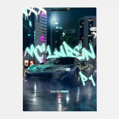 Glossy dark blue mclaren p1 gtr luxury poster with teal and gold accents in a neon-lit urban living room scene