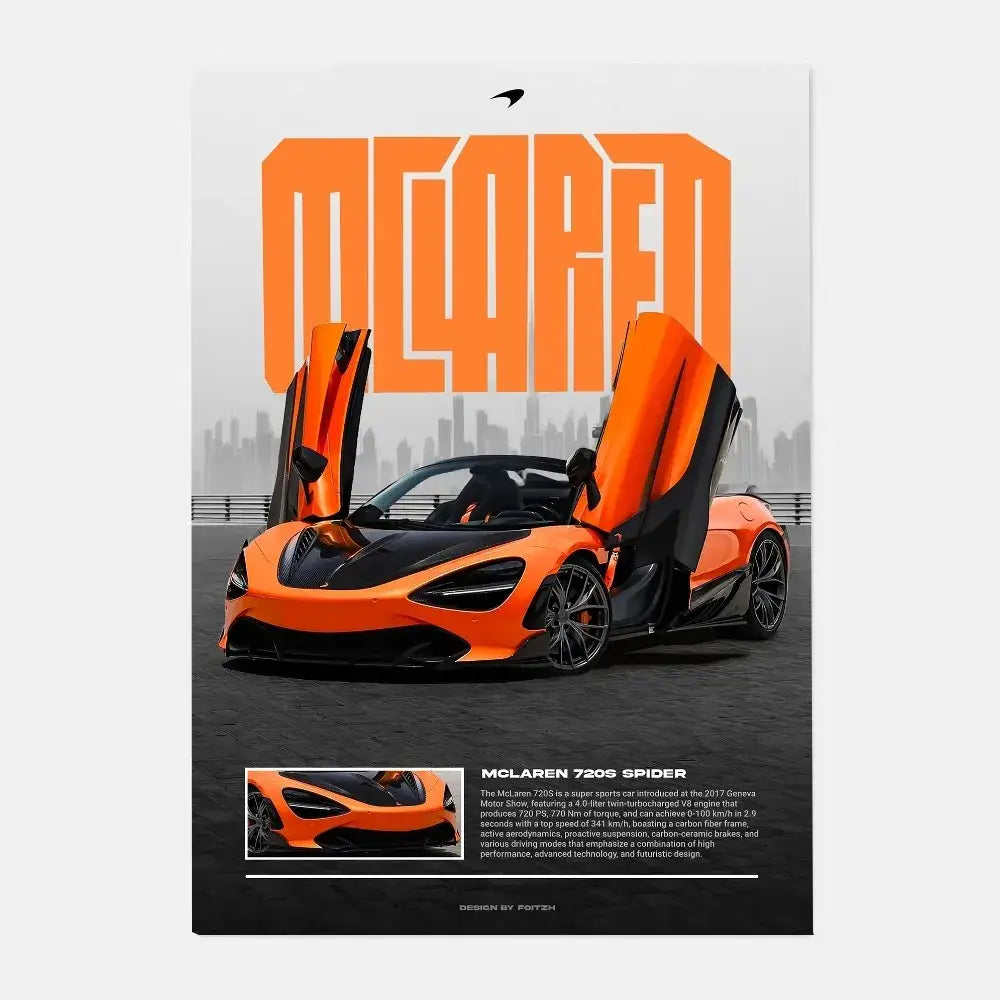 Decorbites mclaren p1 gtr luxury poster featuring orange and black mclaren 720s spider with gull-wing doors for living room decor