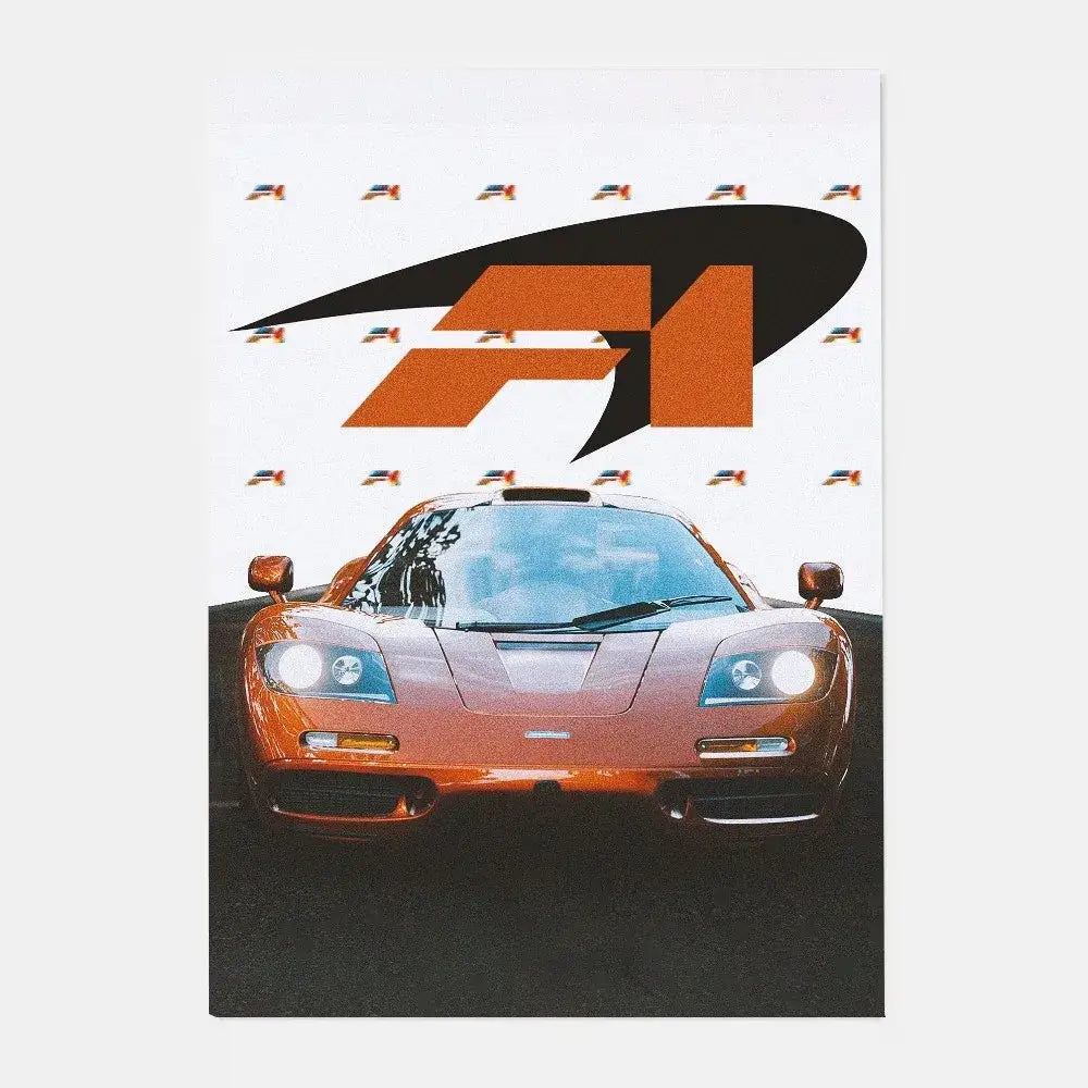 Orange mclaren p1 gtr luxury poster featuring iconic formula 1 logo perfect for living room decor by DecorBites™
