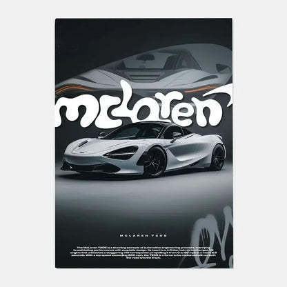 Silver mclaren 720s sports car gtr luxury poster with bold white lettering for stylish living room decor by decorbites