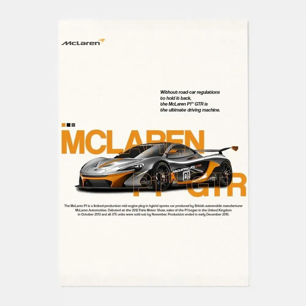 Silver and orange mclaren p1 gtr gtr luxury poster for living room home decor by DecorBites™