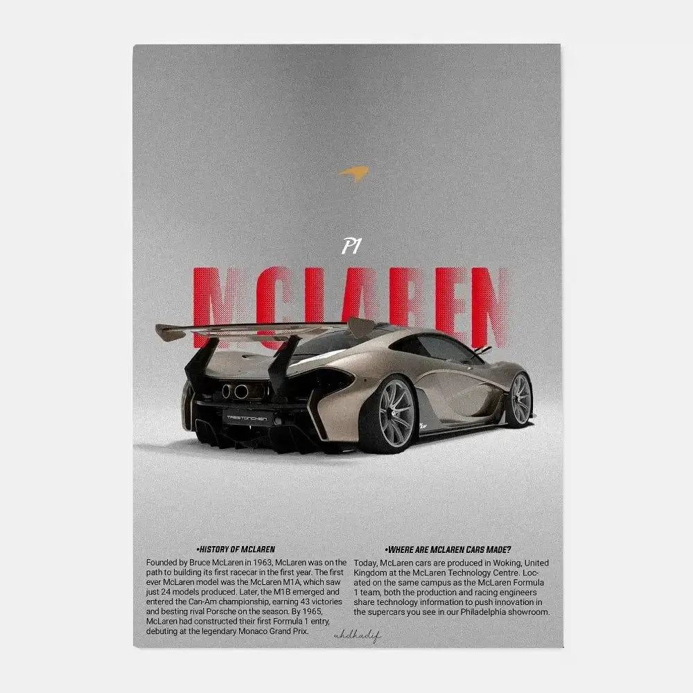 Silver mclaren p1 gtr luxury poster with bold red lettering and aerodynamic design ideal for living room decor