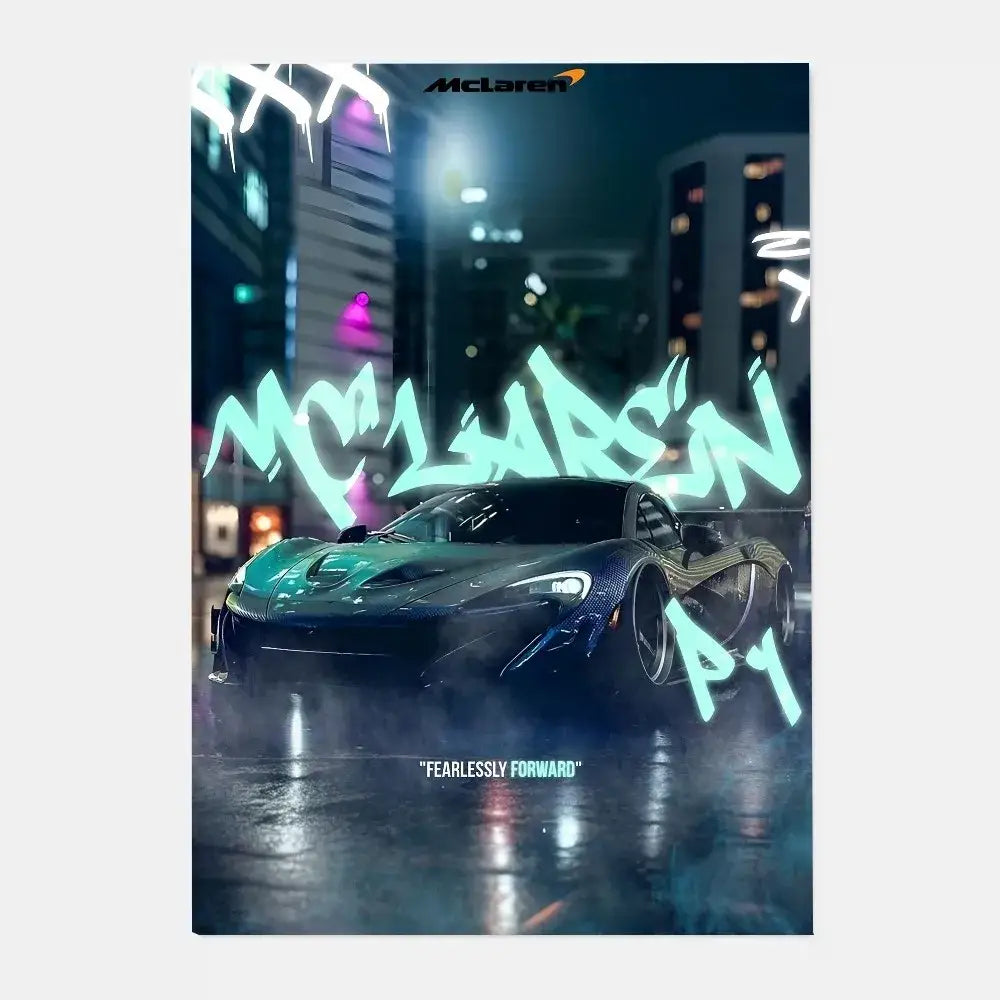 A sleek dark blue mclaren p1 gtr luxury poster with a glossy finish perfect for living room home decor