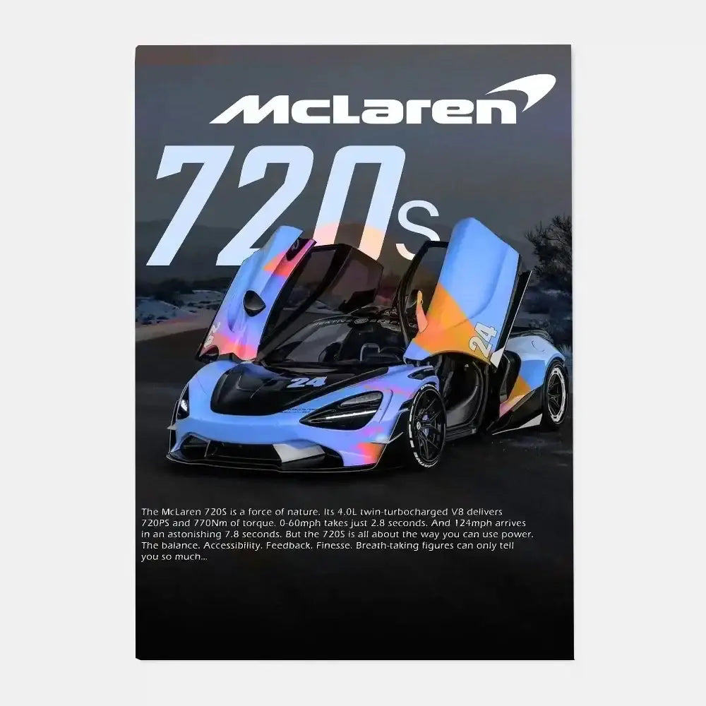 Decorbites™ mclaren p1 gtr luxury poster featuring vibrant blue and orange mclaren 720s with gull-wing doors for living room decor