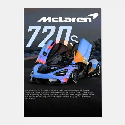 Decorbites™ mclaren p1 gtr luxury poster featuring vibrant blue and orange mclaren 720s with gull-wing doors for living room decor