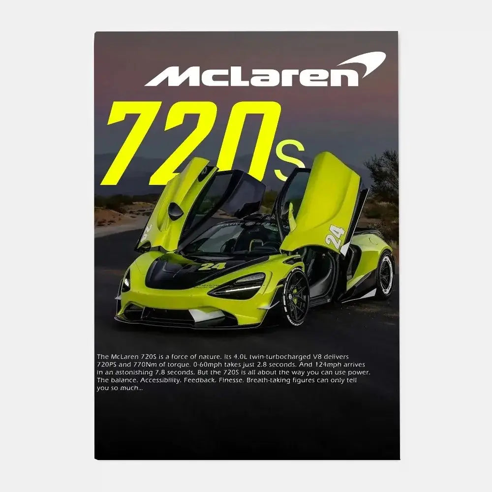 Vibrant lime green mclaren 720s with black accents and open dihedral doors featured in gtr luxury poster for living room decor