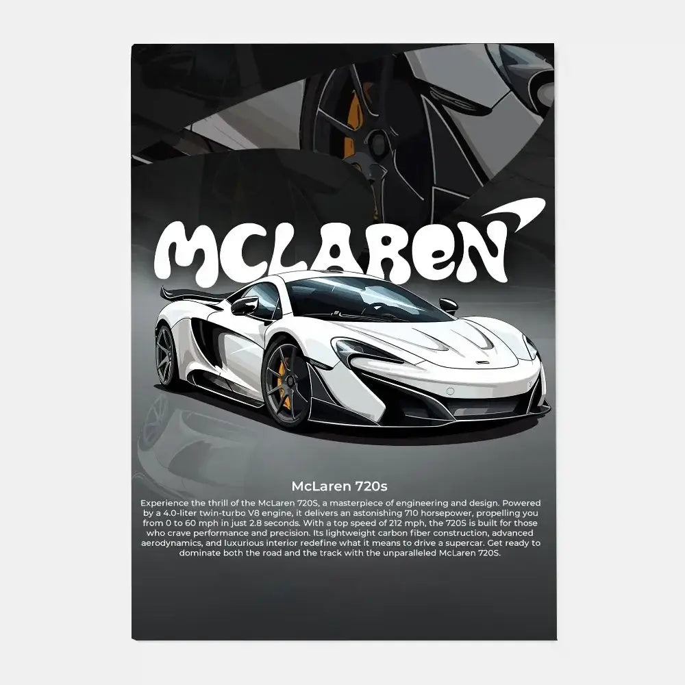 Decorbites™ mclaren p1 gtr luxury poster featuring white mclaren 720s with black accents and gold wheels for living room